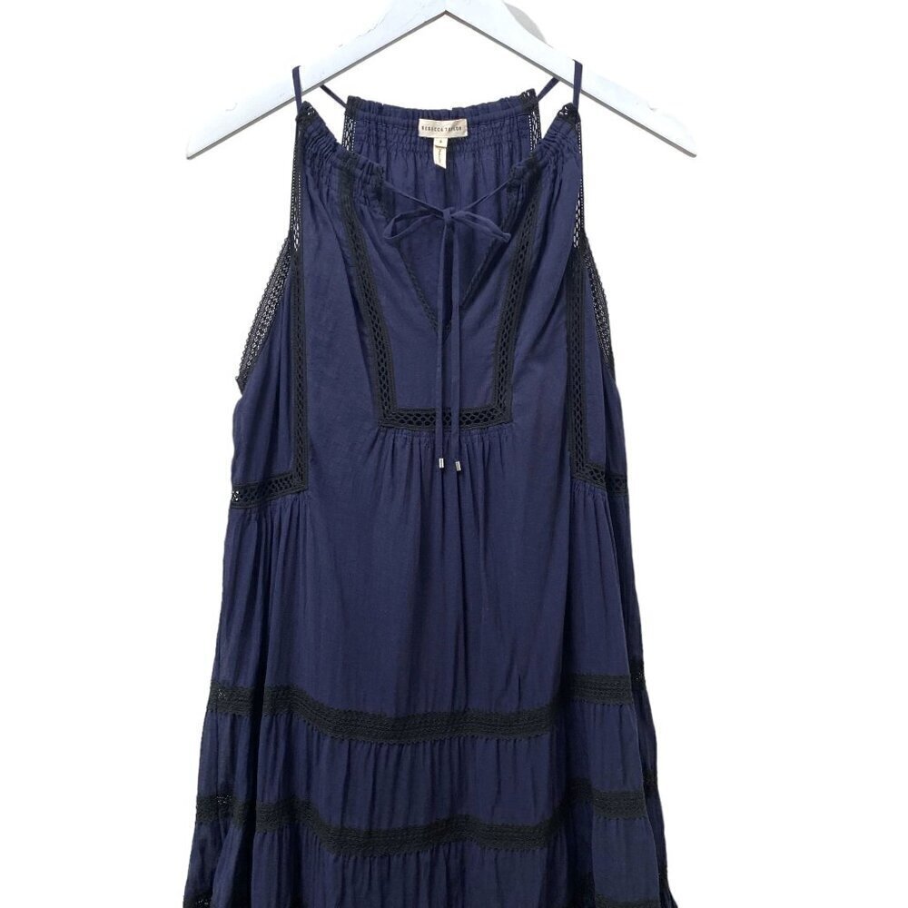 REBECCA TAYLOR Sundress Size 6 Navy Blue Midi Dress Tiered Boho Crochet Flowy - Picture 4 of 11